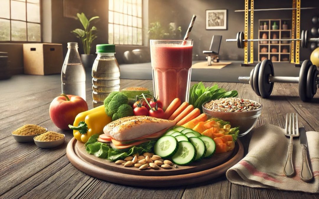 Repas équilibré, eau et boisson aux fruits devant du matériel de musculation